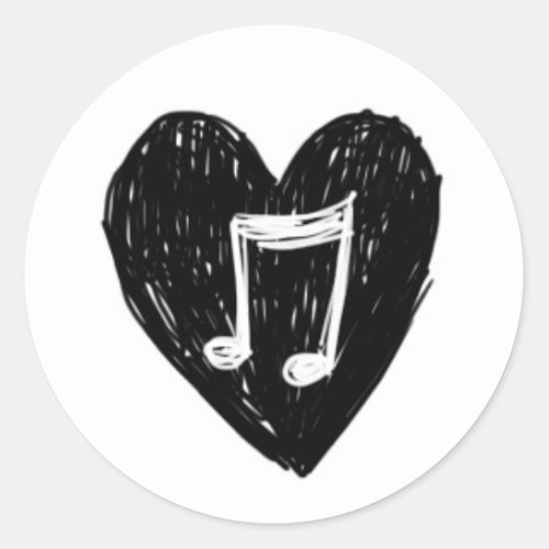 Love Heart Musical Note Doodle Black on White Classic Round Sticker