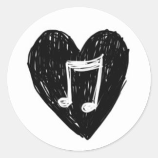 Love Heart Musical Note Doodle Black on White Classic Round Sticker