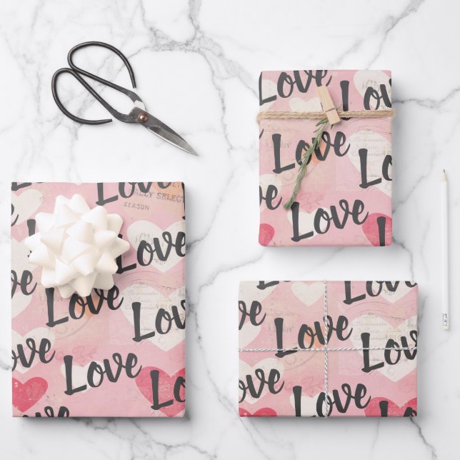 Love Heart Pattern Valentine Wrapping Paper Sheets (Front)