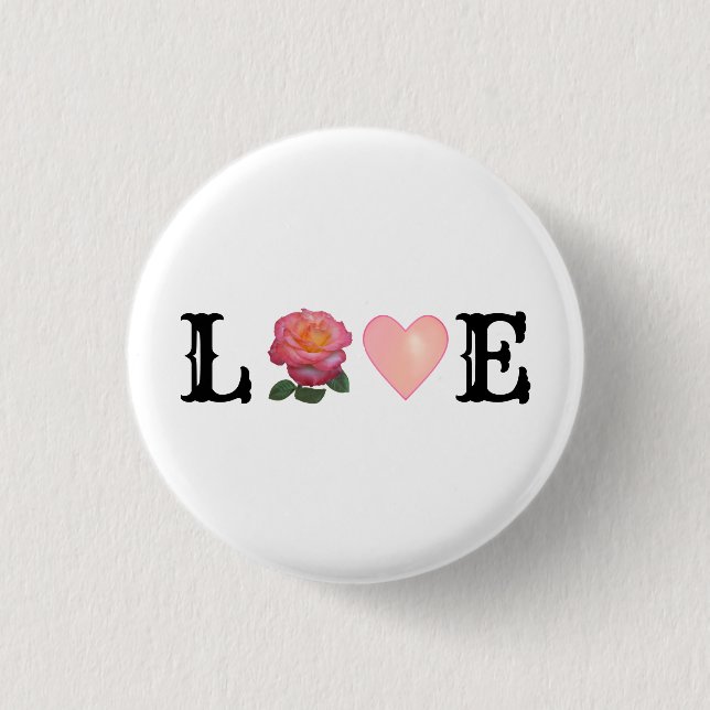 Love Heart & Pink Rose Flower Button (Front)