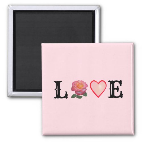 Love Heart  Pink Rose Flower Magnet