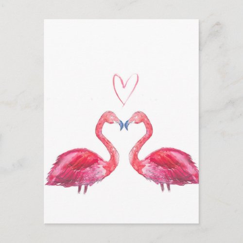 Love heart pink watercolour flamingos postcard