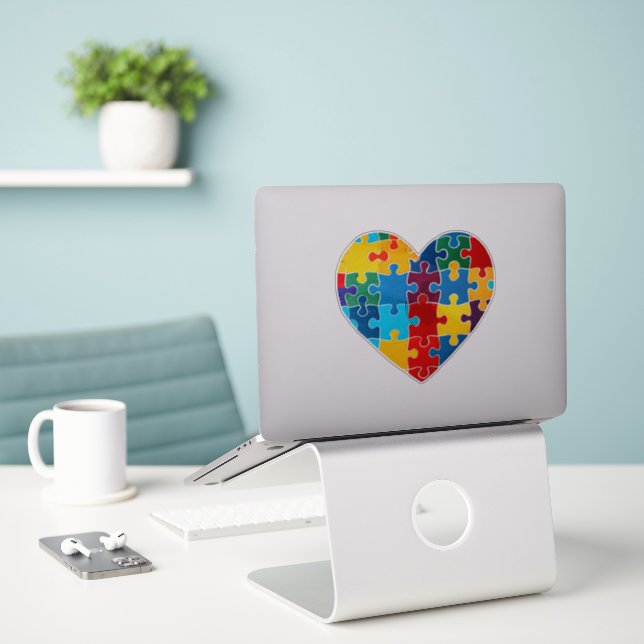 Love Heart Puzzle Acceptance Autism Awareness Sticker (Laptop On Desk)