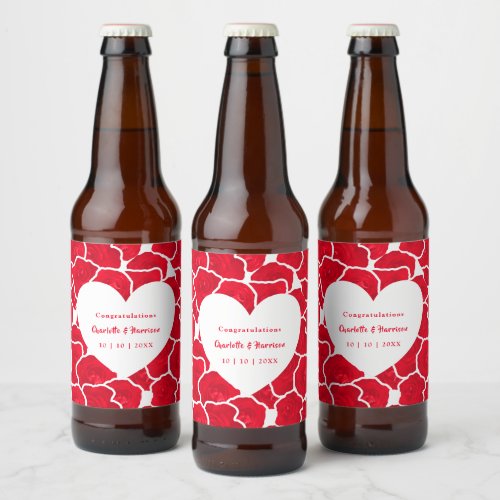 Love Heart Red Roses Floral Elegant Wedding Beer Bottle Label