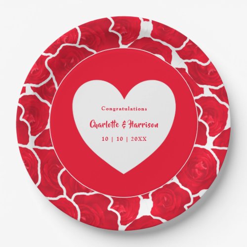 Love Heart Red Roses Floral Elegant Wedding Paper Plates