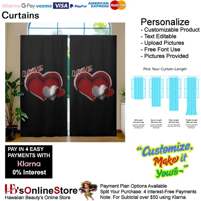 Love Heart Red Silver Elegant Black  Blackout Curtains (Love Heart Red Silver Elegant Black Blackout Curtains.)