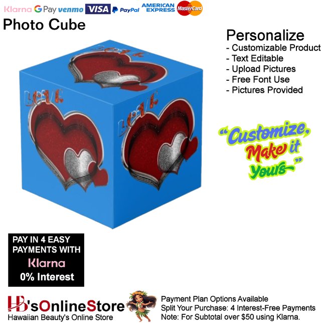 Love Heart Red Silver with Blue Background Cube (Love Heart Red Silver with Blue Background Cube.)