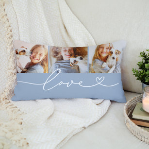 Love Heart Script Chambray Custom 3 Photo Collage Lumbar Pillow