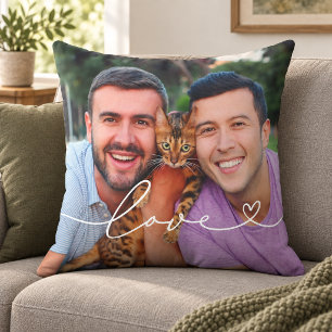 Love Heart Script Photo Couple White Throw Pillow