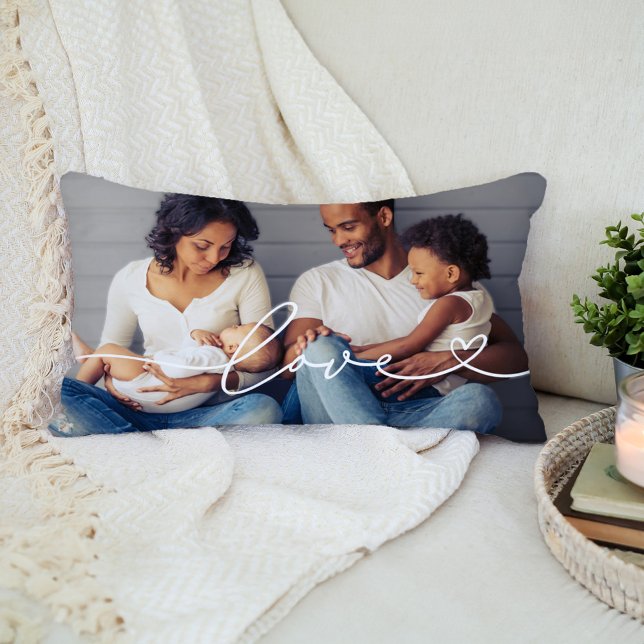 Love Heart Script Photo White Text Lumbar Pillow (Creator Uploaded)