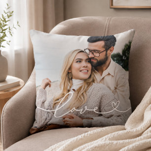 Love Heart Script Photo White Text Throw Pillow