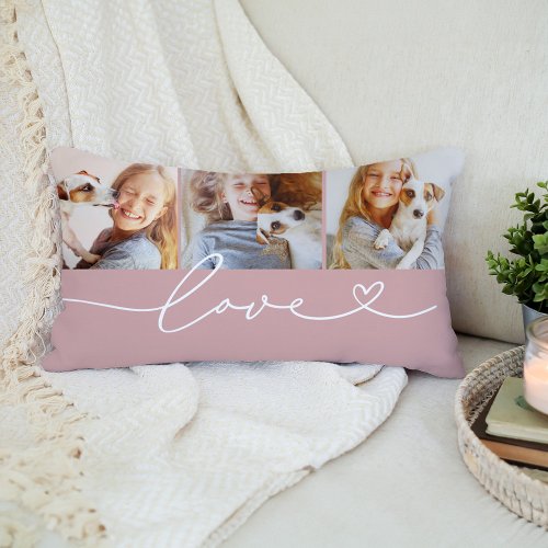 Love Heart Script Rose Pink Custom 3 Photo Collage Lumbar Pillow