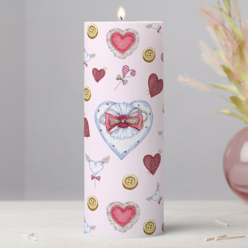 Love Heart Sewing Watercolor         Pillar Candle