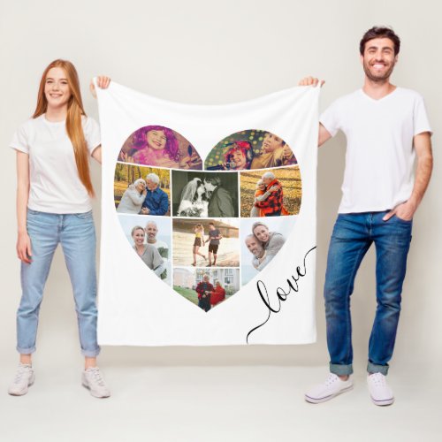 Love Heart Shaped 9 Photo Collage White Fleece Blanket