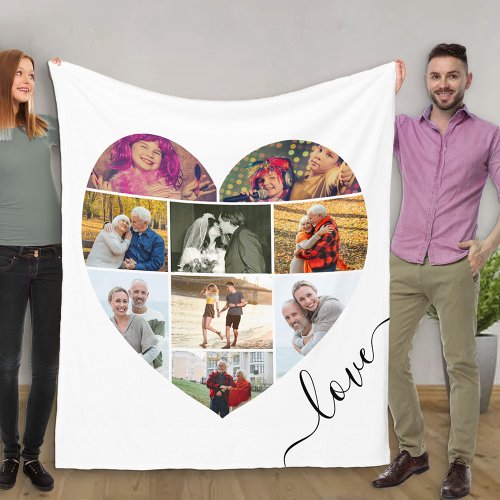 Love Heart Shaped 9 Photo Collage White Fleece Blanket