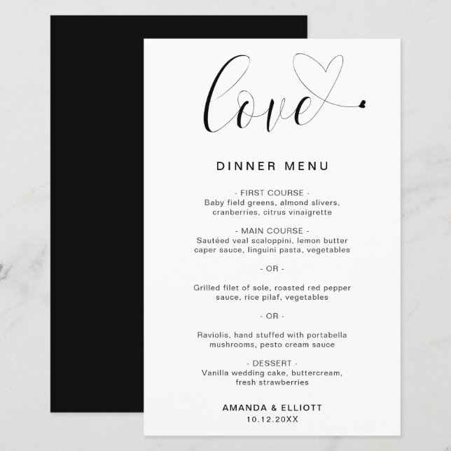 Love Heart Simple Modern Wedding Menu (Front/Back)