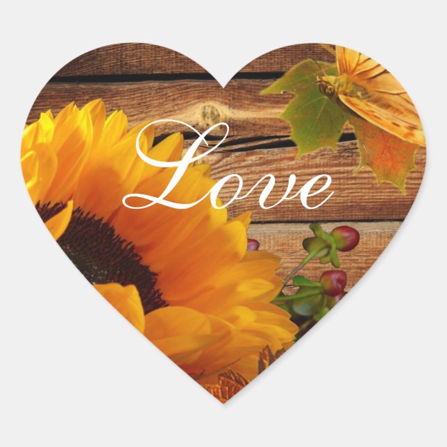 Love Heart Stickers, Rustic Country Fall Sunflower Sticker (Front)