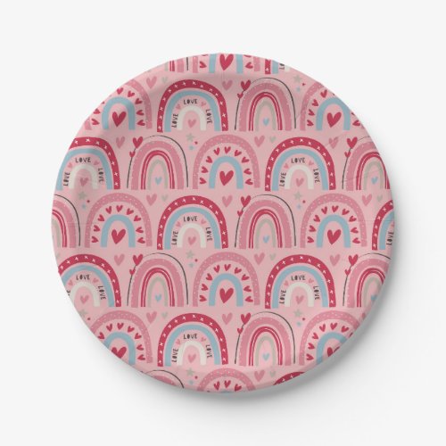 Love Heart Valentines Day Rainbow Round  Paper Plates