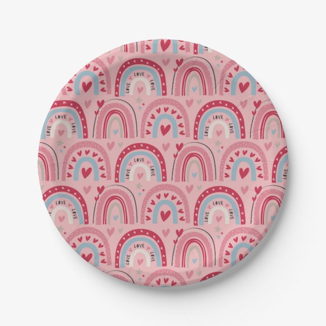 Love Heart Valentines Day Rainbow Round  Paper Plates (Front)