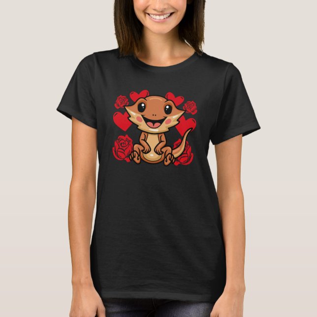 Love Heart Valentine's Day Roses Bearded Dragon Bo T-Shirt (Front)