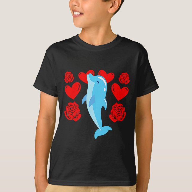 Love Heart Valentines Day Roses Dolphin Boys Kids  T-Shirt (Front)