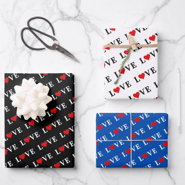 LOVE Heart White Black Blue Wrapping Paper Sheets (Front)
