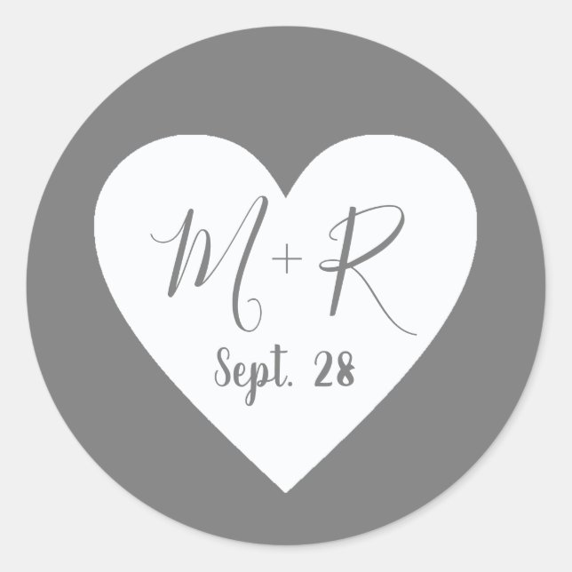  love heart with script initials wed gray classic round sticker (Front)