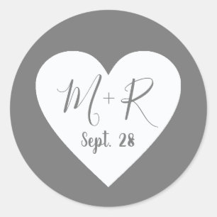  love heart with script initials wed gray classic round sticker