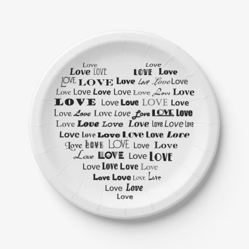 Love Heart Word Cloud _ Black and White Paper Plates