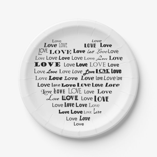 Love Heart Word Cloud - Black and White Paper Plates (Front)