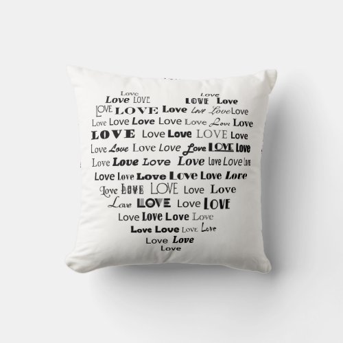Love Heart Word Cloud _ Black and White Throw Pillow