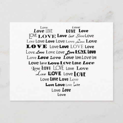 Love Heart Word Cloud _ Black on White Postcard