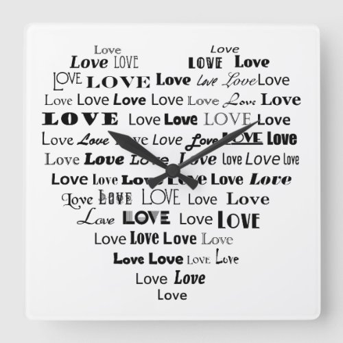 Love Heart Word Cloud _ Black on White Square Wall Clock