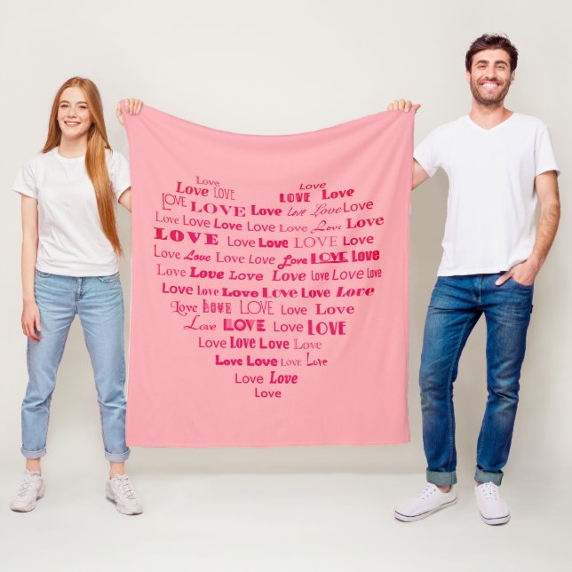 Love Heart Word Cloud - Fuchsia on Pastel Pink Fleece Blanket (In Situ)
