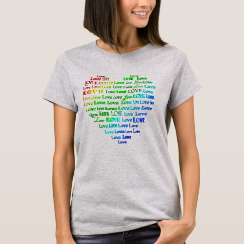 Love Heart Word Cloud in Rainbow Colors  T_Shirt