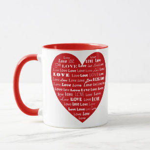 Love Heart Word Cloud - White on Dark Red Mug