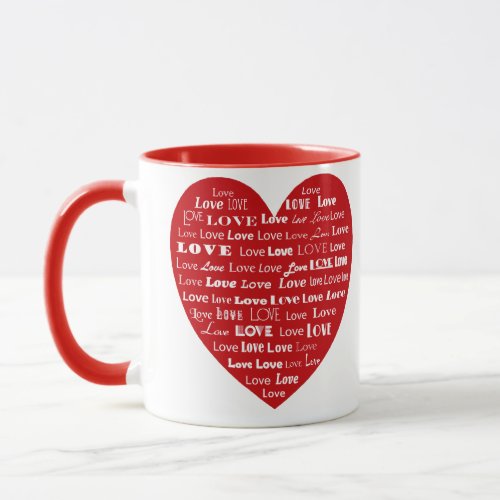 Love Heart Word Cloud _ White on Dark Red Mug