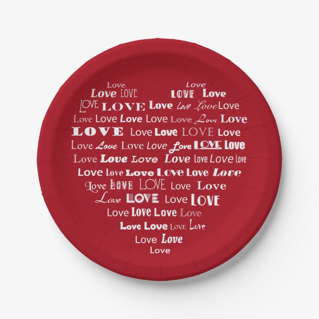 Love Heart Word Cloud - White on Dark Red Paper Plates (Front)