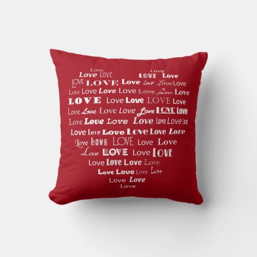 Love Heart Word Cloud _ White on Dark Red Throw Pillow