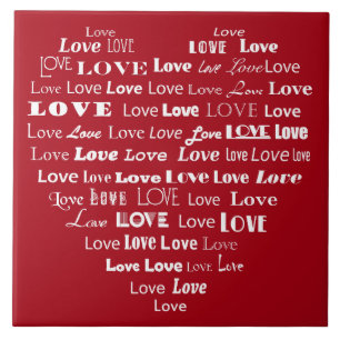 Love Heart Word Cloud - White on Dark Red Tile