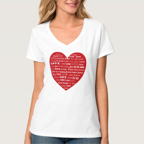 Love Heart Word Cloud White on Deep Red T_Shirt