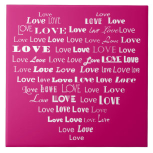 Love Heart Word Cloud - White on Fuchsia Pink Ceramic Tile