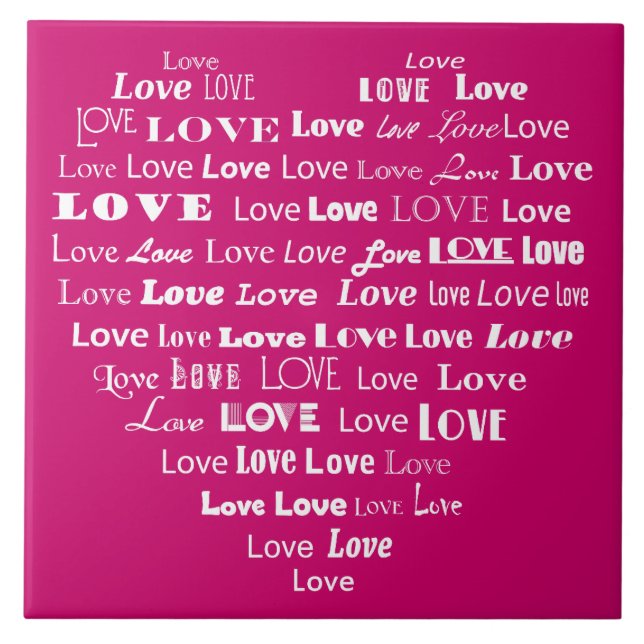Love Heart Word Cloud - White on Fuchsia Pink Ceramic Tile (Front)