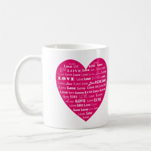 Love Heart Word Cloud - White on Fuchsia Pink Coffee Mug