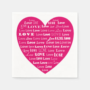 Love Heart Word Cloud - White on Fuchsia Pink Napkins