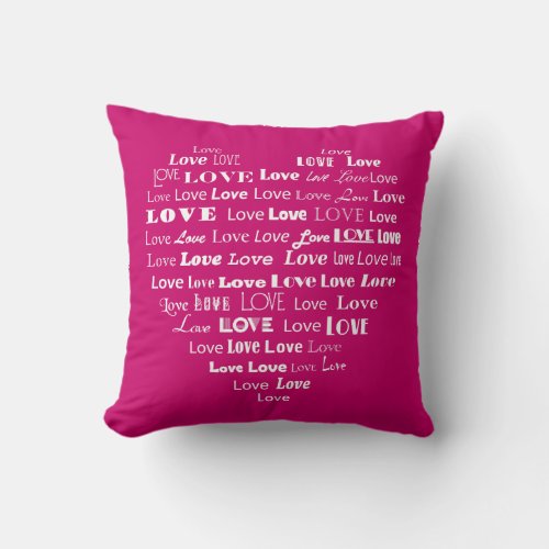 Love Heart Word Cloud _ White on Fuchsia Pink Throw Pillow