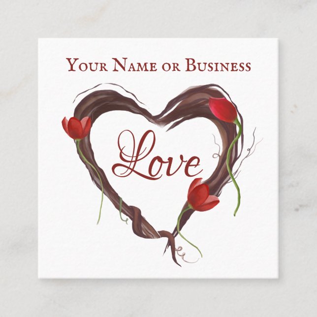 Love Heart Wreath with Red Tulips Square Business Card (Front)