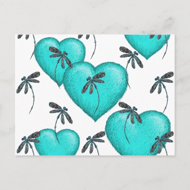 Love Hearts and Dragonflies Turquoise Postcard (Front)