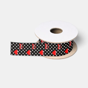 Love Hearts and Polka dot Black and Red Pattern Satin Ribbon