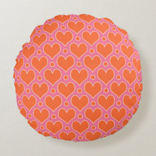 Love Hearts and Polka Dots pattern in Pink, Orange Round Pillow